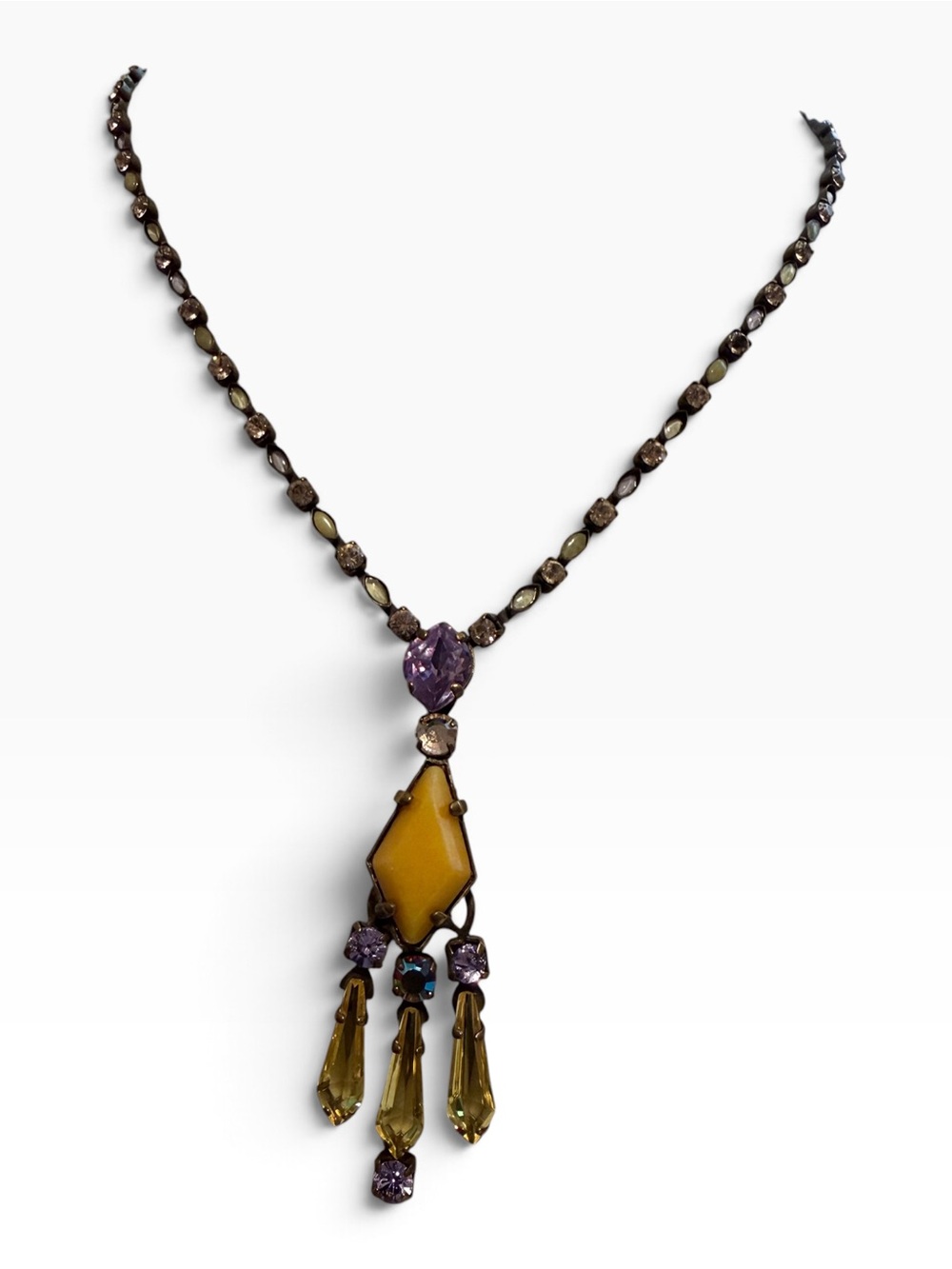 Sorrelli signed crystal tassel pendant necklace Amber purple antique gold finish